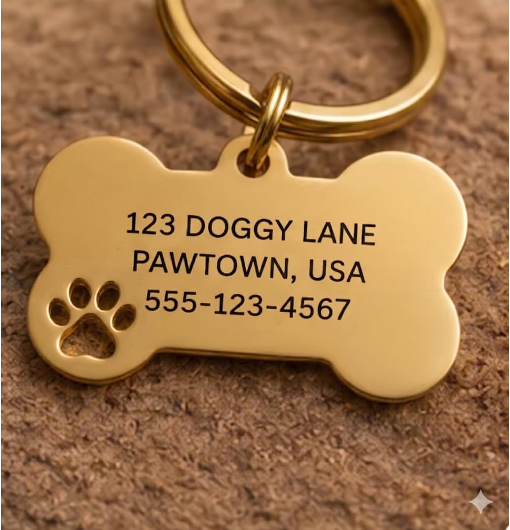 Personalised Dog Bone Keyring, Engraved Pet ID Tag with Name Address Phone Number, Custom Dog Collar Tag, Paw Print Bone Keychain for Dogs, Cats & Pet Owners