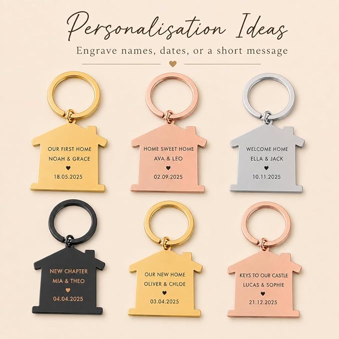 Personalised New Home Keyring, Engraved House Keychain Gift, Custom Housewarming Keepsake for Couples, First Home Gift