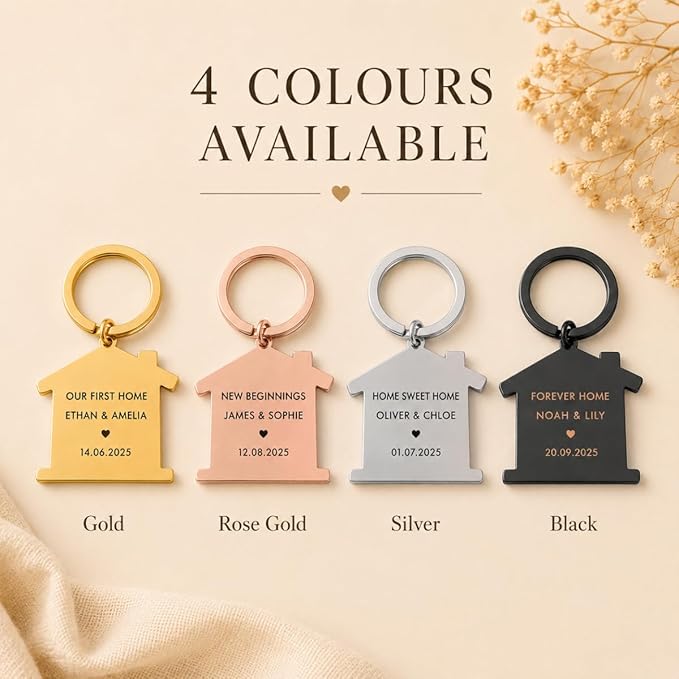 Personalised New Home Keyring, Engraved House Keychain Gift, Custom Housewarming Keepsake for Couples, First Home Gift