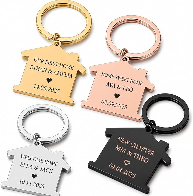 Personalised New Home Keyring, Engraved House Keychain Gift, Custom Housewarming Keepsake for Couples, First Home Gift
