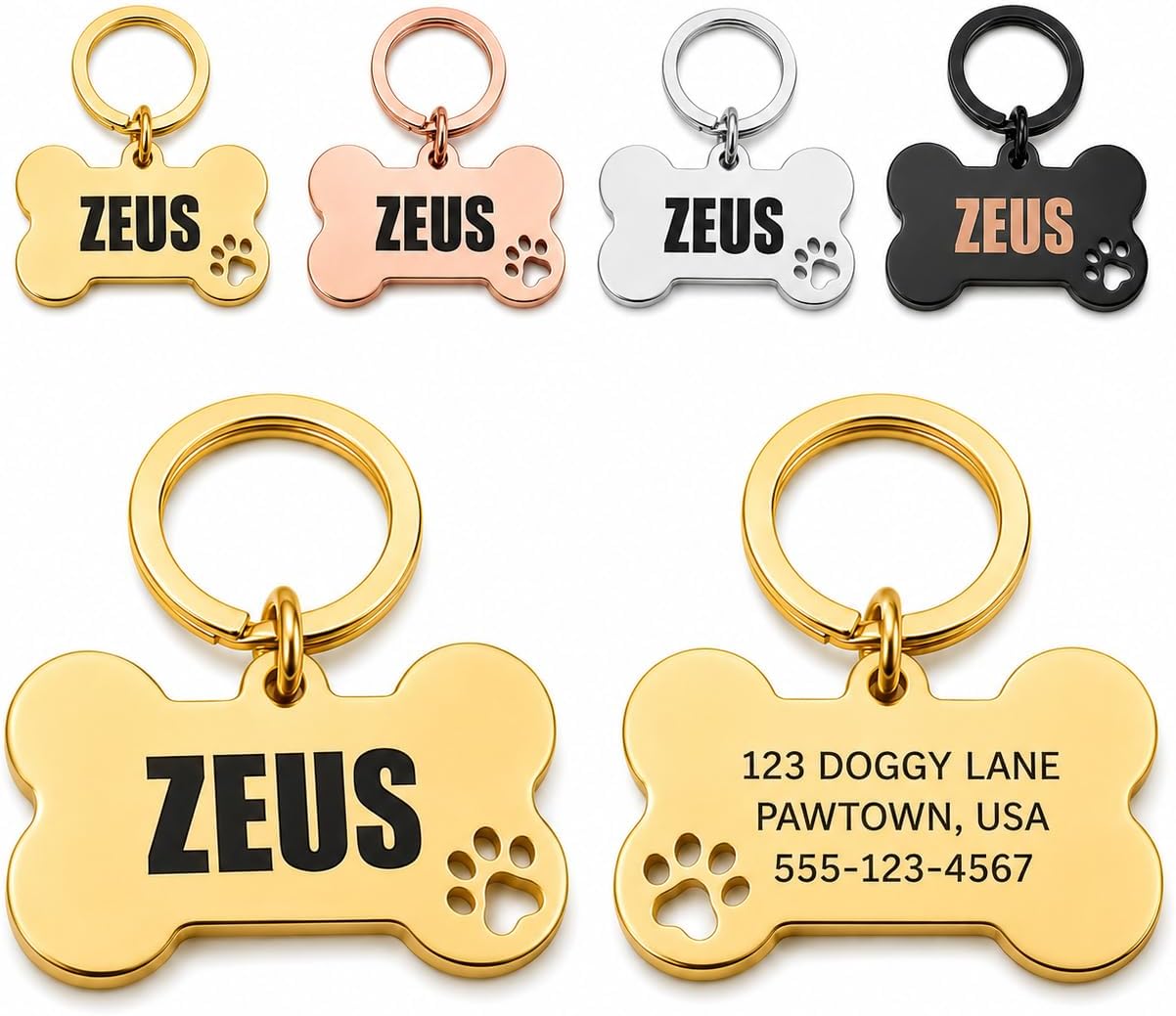 Personalised Dog Bone Keyring, Engraved Pet ID Tag with Name Address Phone Number, Custom Dog Collar Tag, Paw Print Bone Keychain for Dogs, Cats & Pet Owners