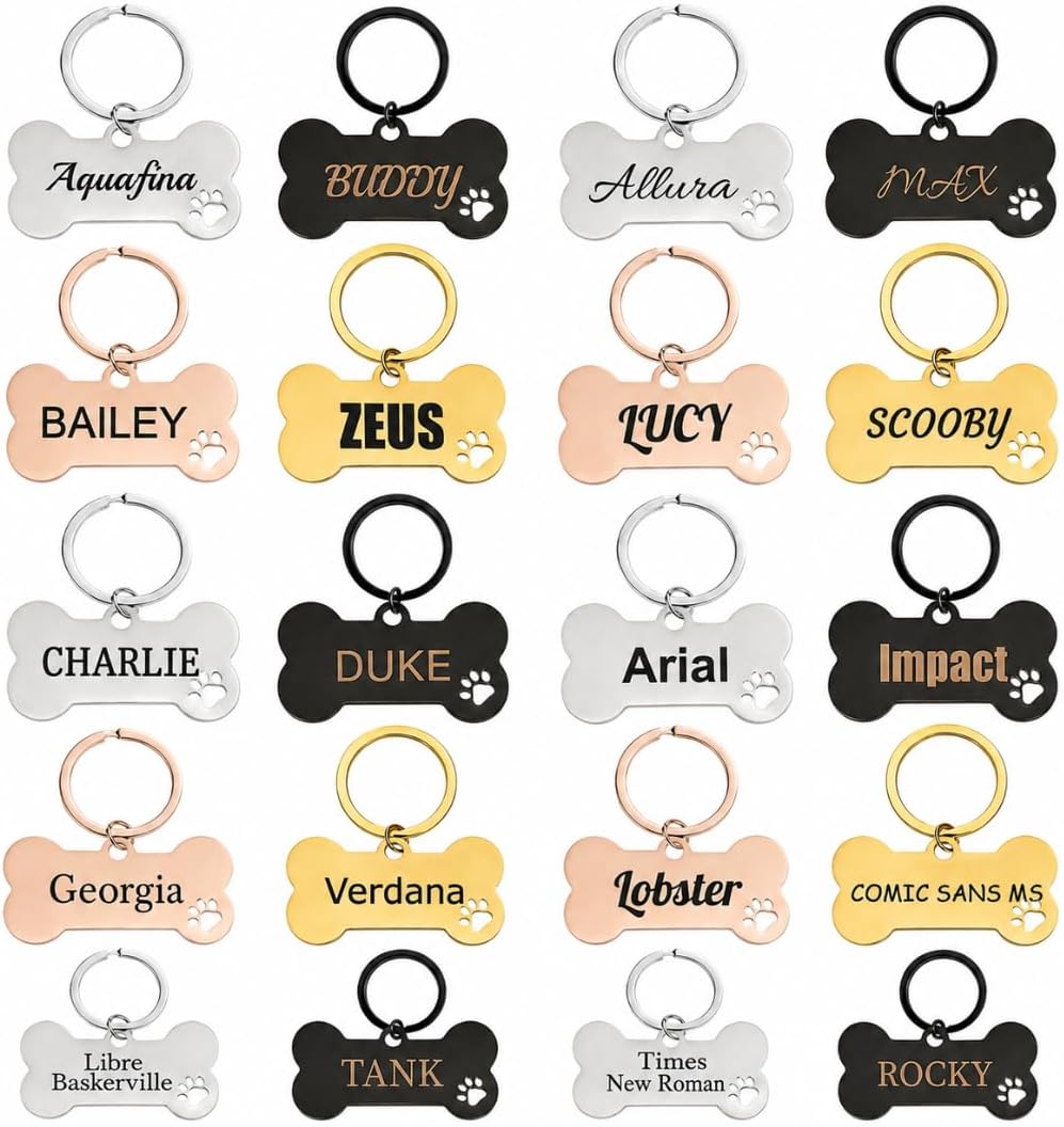 Personalised Dog Bone Keyring, Engraved Pet ID Tag with Name Address Phone Number, Custom Dog Collar Tag, Paw Print Bone Keychain for Dogs, Cats & Pet Owners