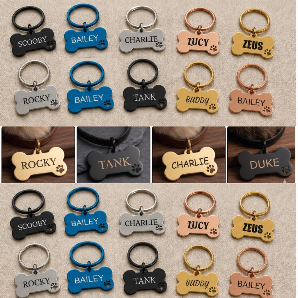 Personalised Dog Bone Keyring, Engraved Pet ID Tag with Name Address Phone Number, Custom Dog Collar Tag, Paw Print Bone Keychain for Dogs, Cats & Pet Owners
