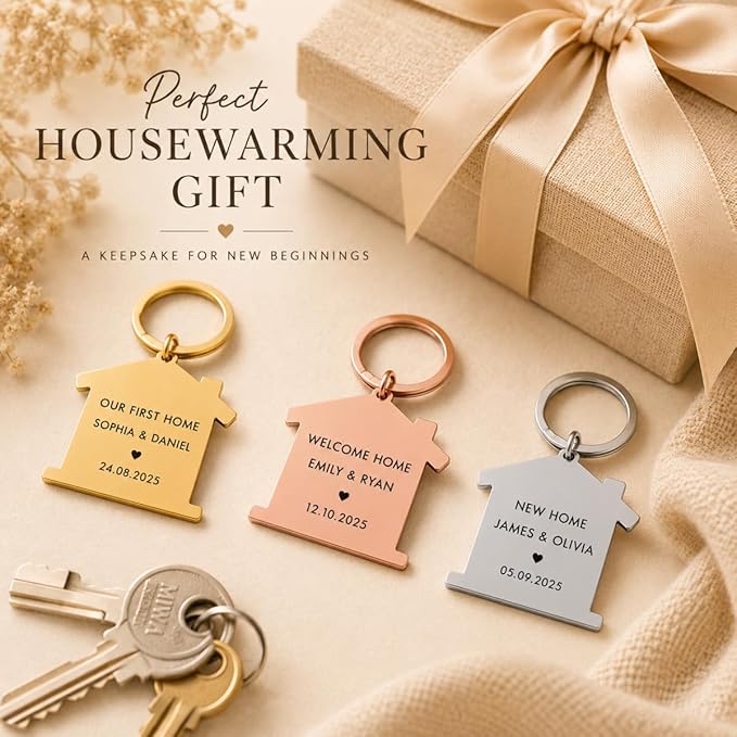 Personalised New Home Keyring, Engraved House Keychain Gift, Custom Housewarming Keepsake for Couples, First Home Gift